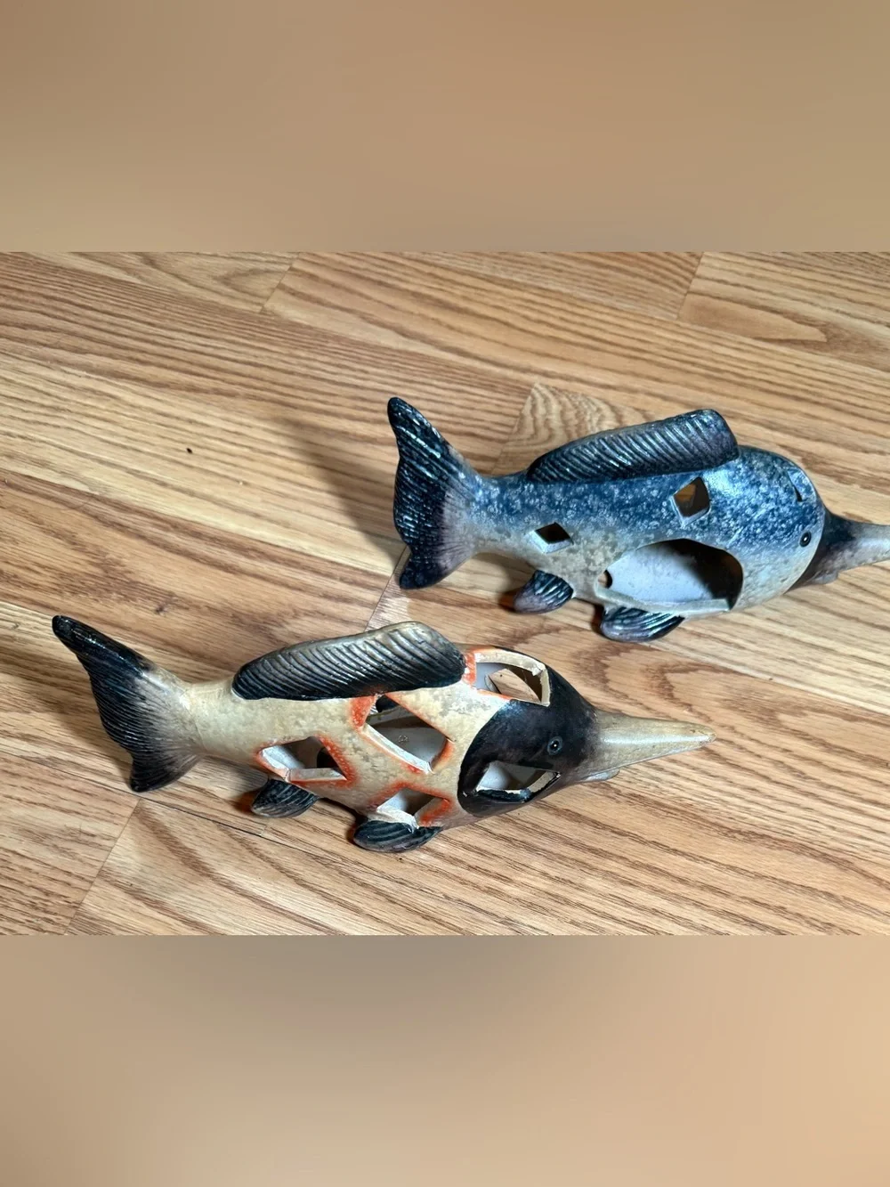 2 Vintage ceramic fish tea light candle holder luminaries Blue and Tan